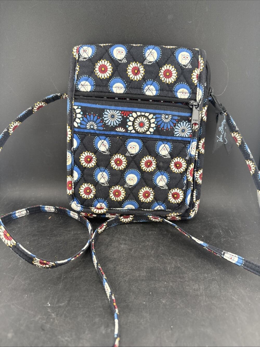Vera Bradley Night Owl Mini Hipster Crossbody Bag Purse Quilted Black Blue Daisy